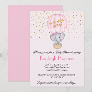 Invitation Baby shower éléphant bébé fille à ballon chaud