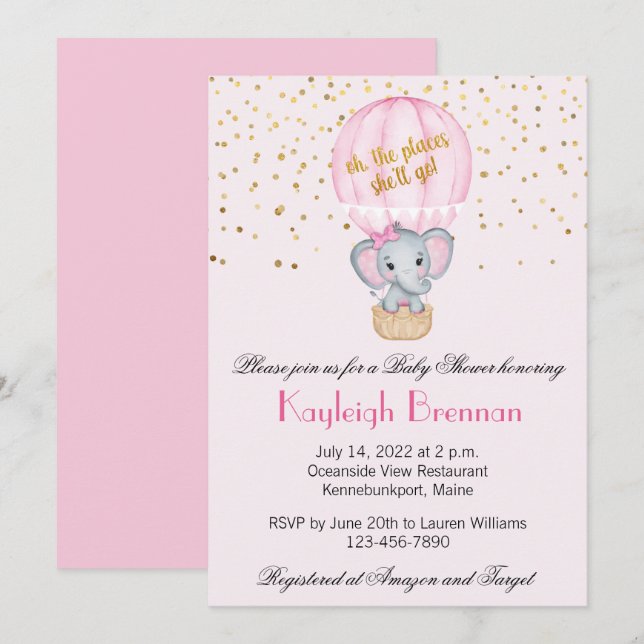 Invitation Baby shower éléphant bébé fille à ballon chaud (Devant / Derrière)