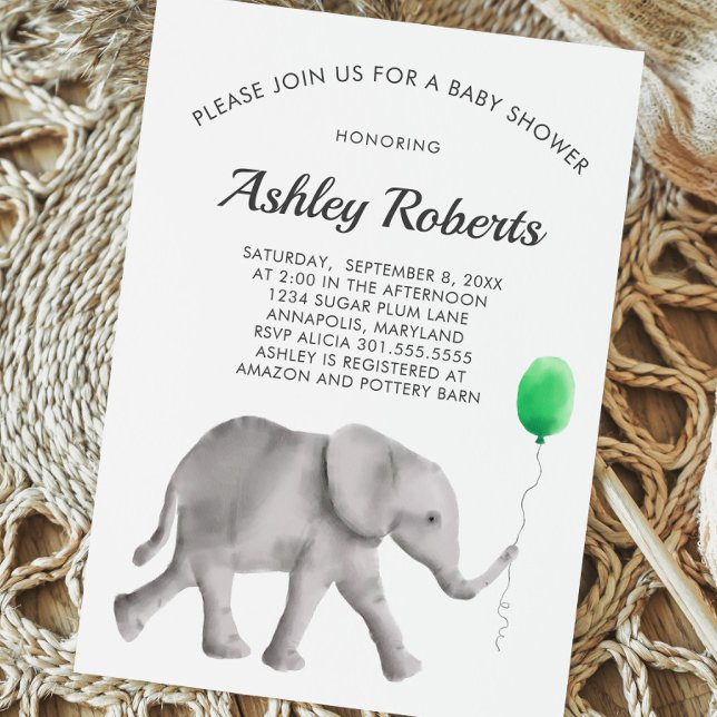 Invitation Baby shower éléphant bébé, vert et gris (Créateur téléchargé)