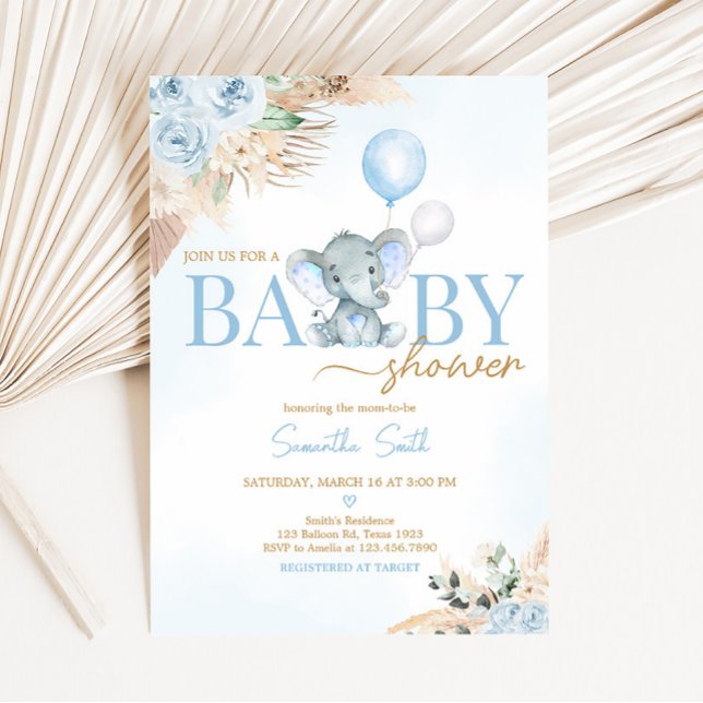 Invitation Baby shower Eléphant Bleu Balloon (Blue Floral Pampas Grass Elephant Baby Shower Invitation)