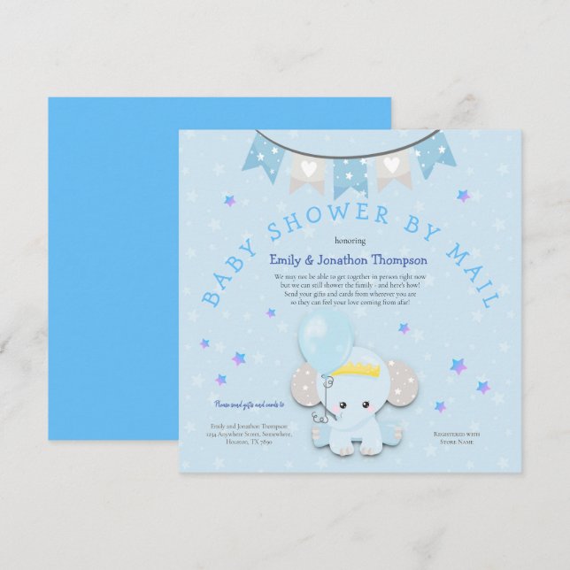 Invitation Baby shower Eléphant Bleu Cute Par Courrier (Devant / Derrière)