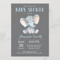 Invitation Baby shower éléphant bleu et gris