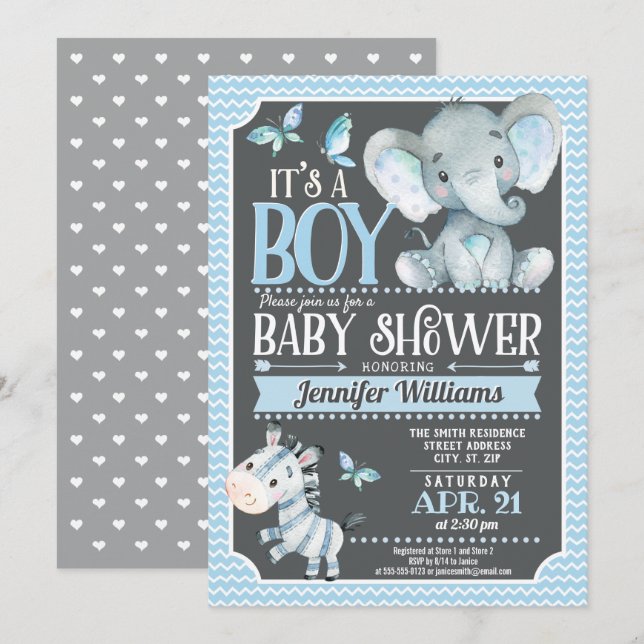 Invitation Baby shower éléphant, bleu et gris (Devant / Derrière)