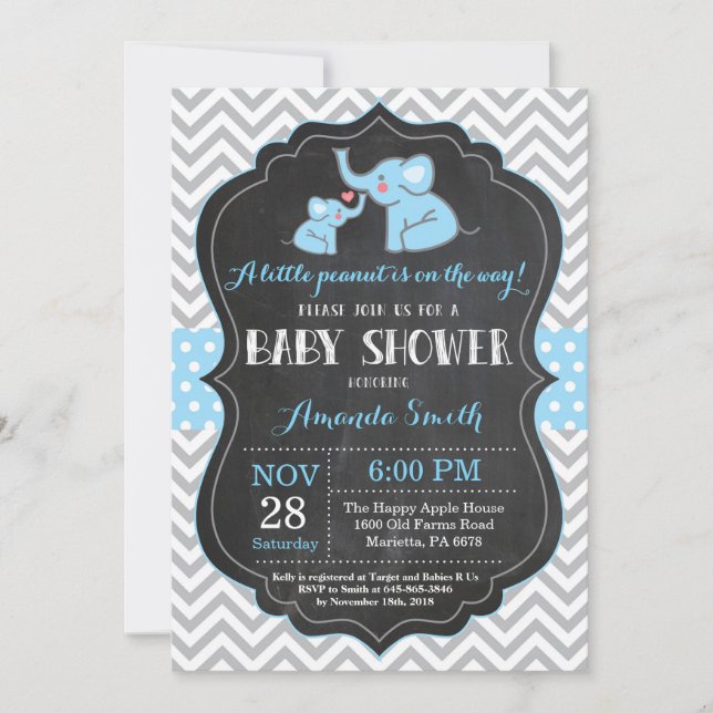 Invitation Baby shower éléphant bleu et gris (Devant)