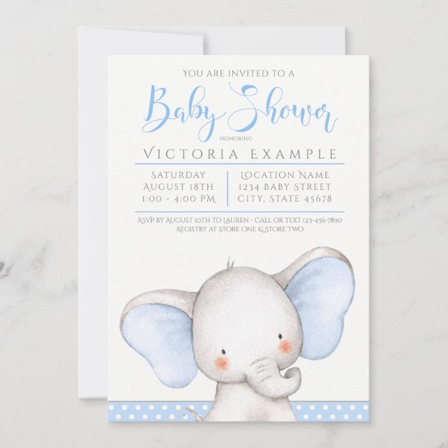 Invitation Baby shower éléphant bleu gris garçon (Devant)
