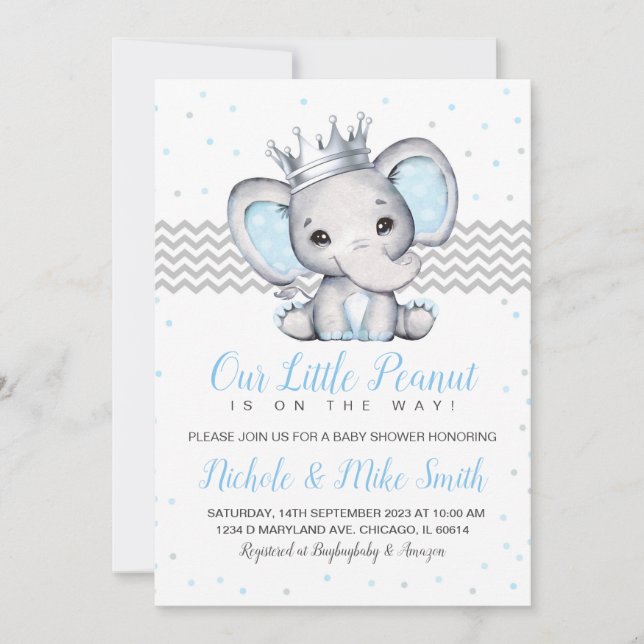 Invitation Baby shower Elephant Blue Boy (Devant)