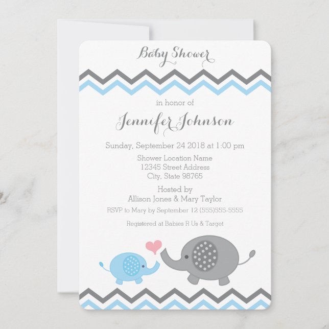 Invitation Baby shower éléphant | Blue Grey Chevro (Devant)