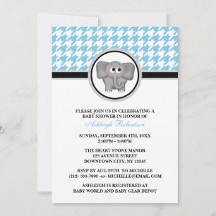 Invitation Baby shower Elephant Blue & White Houndstooth
