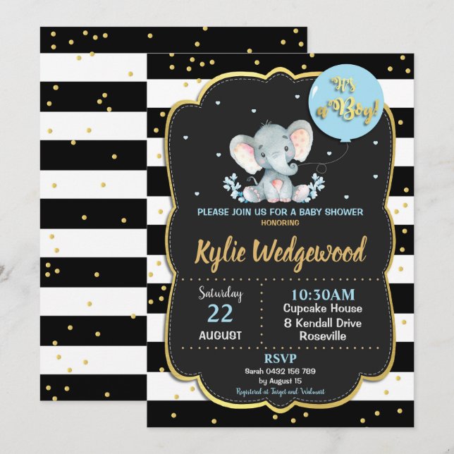 Invitation Baby shower éléphant C'est un garçon (Devant / Derrière)