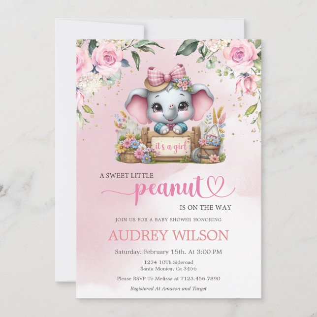 Invitation Baby shower éléphant C'est une fille (Devant)