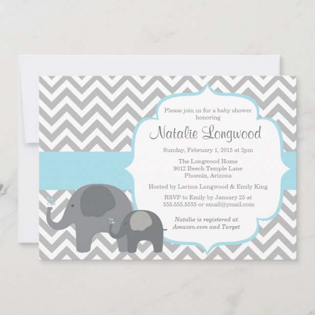 Invitation Baby shower éléphant, chevron bleu garç (Devant)