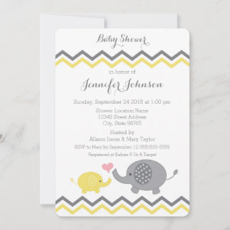 Invitation Baby shower éléphant | Chevron gris jau