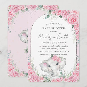 Invitation Baby shower Eléphant Chic Rose Floral Doux
