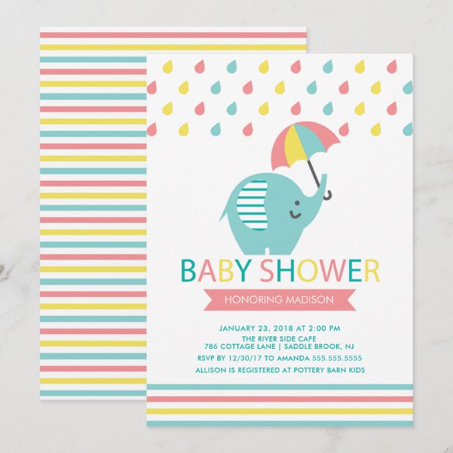 Invitation Baby shower éléphant coloré (Devant / Derrière)