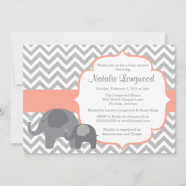 Invitation Baby shower éléphant, corail chevron (Devant)