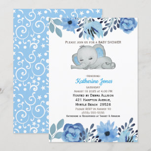 Invitation Baby shower Eléphant couché bleu bleu clair