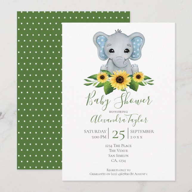 Invitation Baby shower Eléphant Cute Personnalisé (Devant / Derrière)
