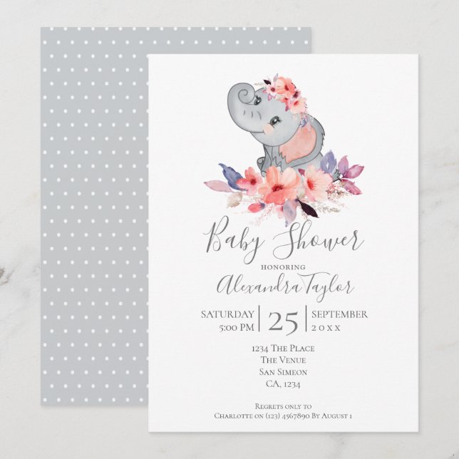 Invitation Baby shower Eléphant Cute Personnalisé (Devant / Derrière)