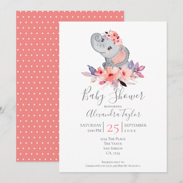 Invitation Baby shower Eléphant Cute Personnalisé (Devant / Derrière)
