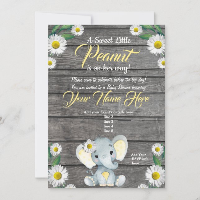 Invitation Baby shower Elephant Daisy Invitation, rustique (Devant)