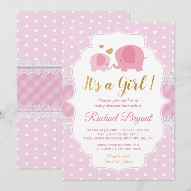 Invitation Baby shower Eléphant de dentelle d'or rose doux (Devant / Derrière)