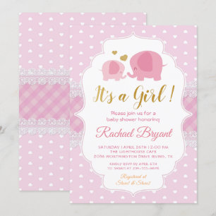 Invitation Baby shower Eléphant de dentelle d'or rose doux