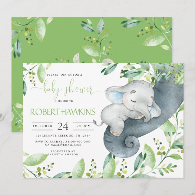 Invitation Baby shower Elephant de verdure (Devant / Derrière)