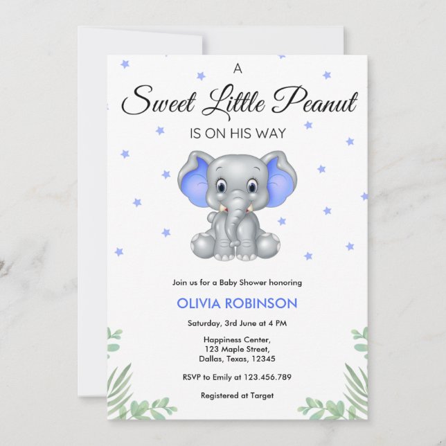 Invitation Baby shower éléphant doux petit cacahuète (Devant)