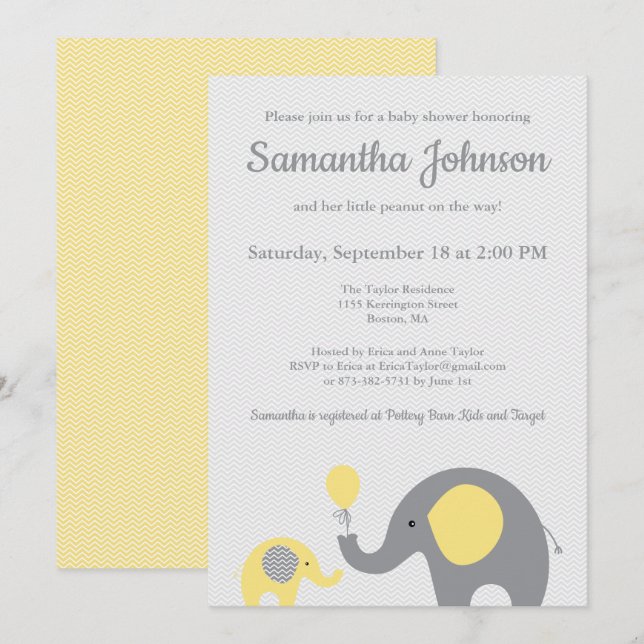 Invitation Baby shower éléphant en jaune et gris (Devant / Derrière)