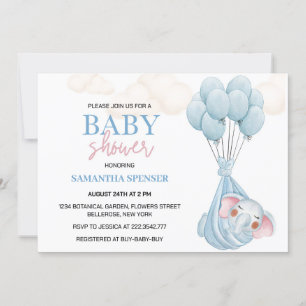 Invitation Baby shower Elephant Et Bleu Ballons
