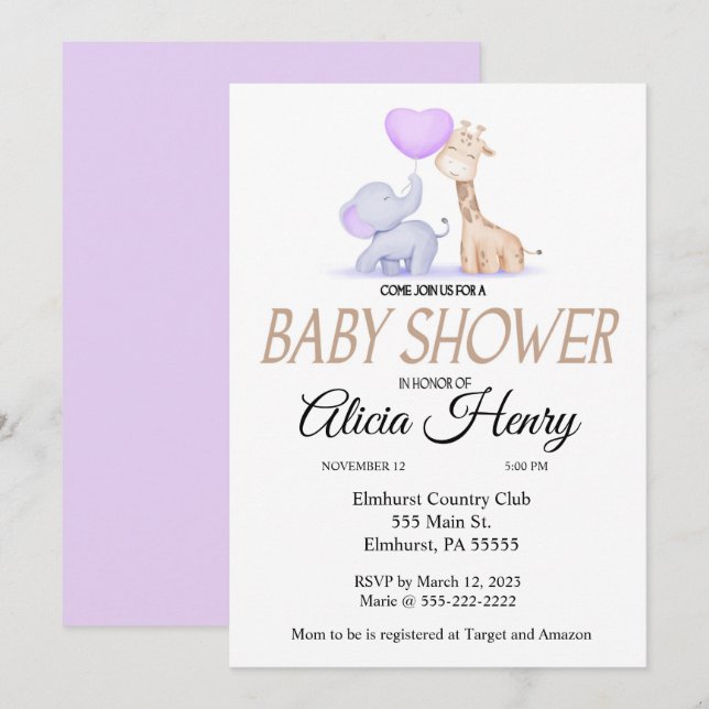 Invitation Baby shower Elephant et Giraffe (Devant / Derrière)