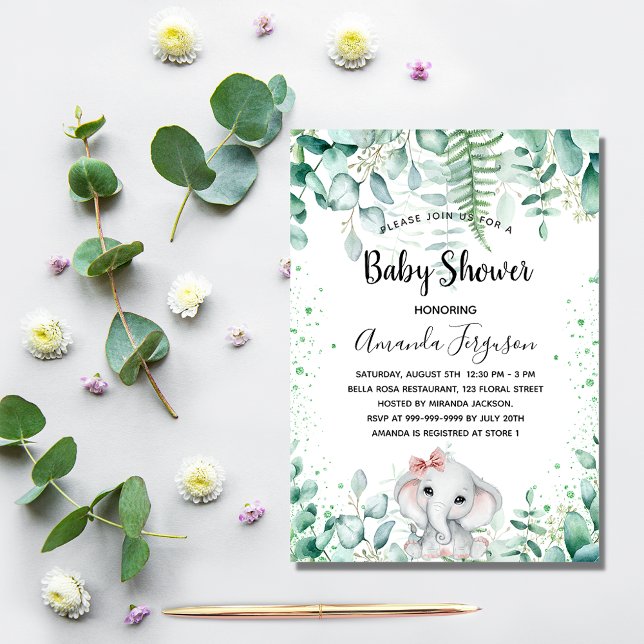 Invitation Baby shower éléphant eucalyptus fille verte (Créateur téléchargé)