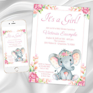 Invitation Baby shower Eléphant fille mignonne