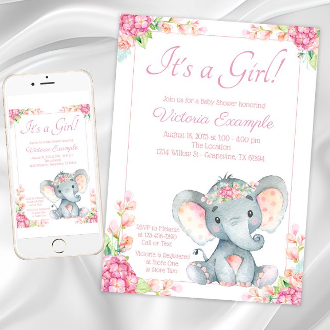 Invitation Baby shower Eléphant fille mignonne (Cute Girl Elephant Baby Shower Invitation. Instant download and printed invitations available.)