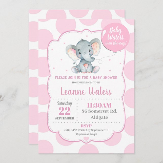 Invitation Baby shower éléphant Fille rose (Devant / Derrière)