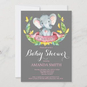 Invitation Baby shower Eléphant fille rose et gris