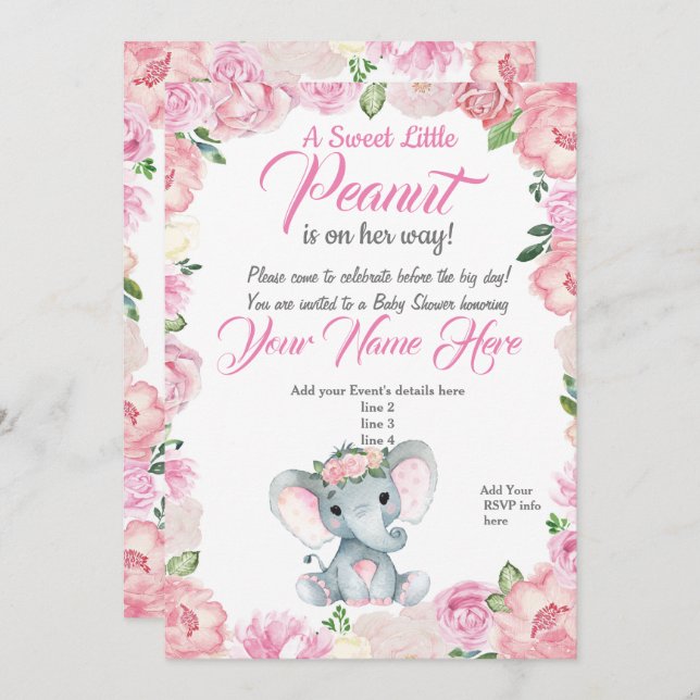 Invitation Baby shower Eléphant fille rose rose (Devant / Derrière)