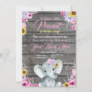 Invitation Baby shower Eléphant fille, rose violet jaune