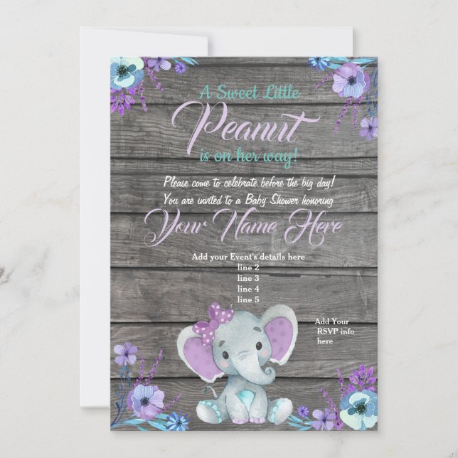 Invitation Baby shower Eléphant fille, rustique, t (Devant)