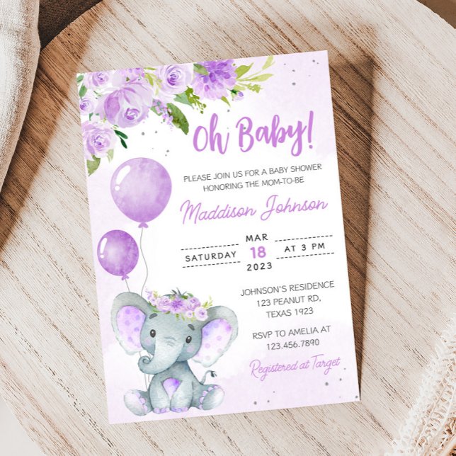 Invitation Baby shower Eléphant Floral Violet (Purple Floral Elephant Balloon Baby Shower Invitation
)