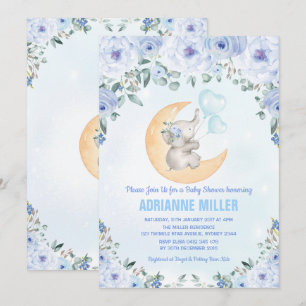 Invitation Baby shower éléphant garçon / Aquarelle Bleu Flora