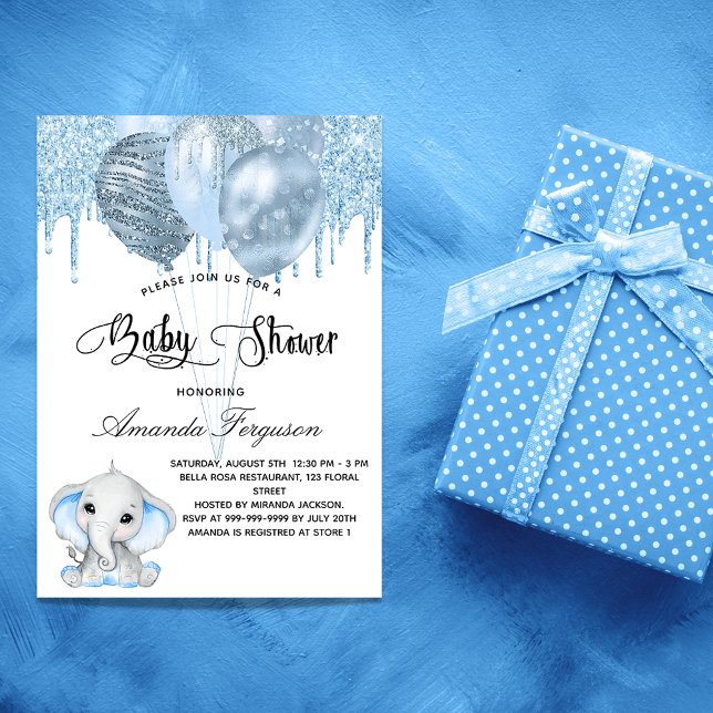 Invitation Baby shower éléphant garçon bleu ballons luxe (Créateur téléchargé)