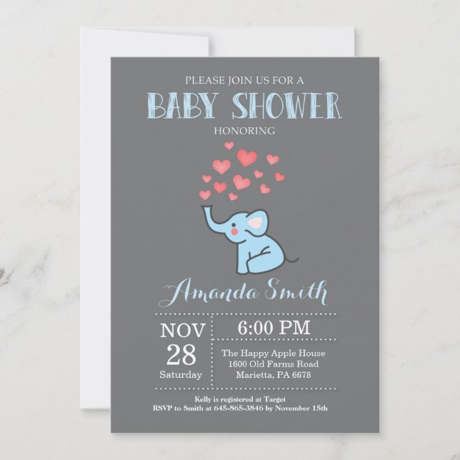 Invitation Baby shower éléphant Garçon bleu et gri (Devant)