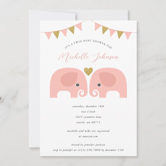 Invitation Baby shower Eléphant Girl Twins (Devant)