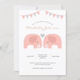 Invitation Baby shower Eléphant Girl Twins