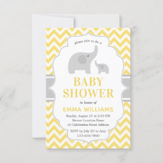 Invitation Baby shower Eléphant gris jaune mou moderne