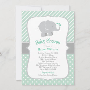Invitation Baby-Shower Éléphant Gris Moderne Menthe