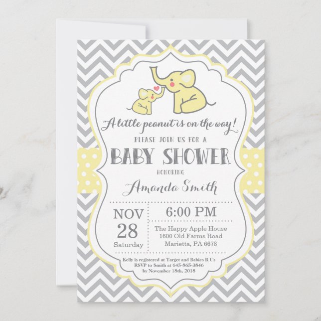 Invitation Baby shower éléphant Jaune et gris (Devant)