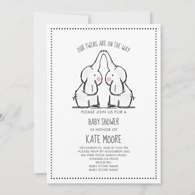 Invitation Baby shower Eléphant Jumeaux (Devant)