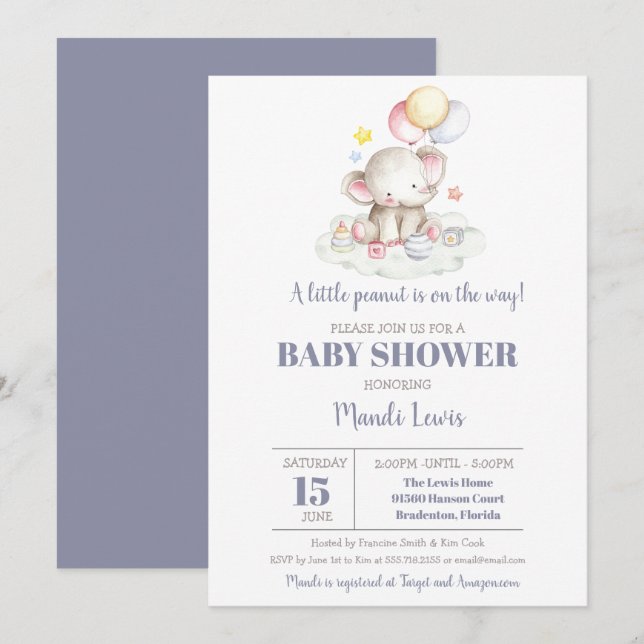 Invitation Baby shower Elephant Little Peanut Boy (Devant / Derrière)